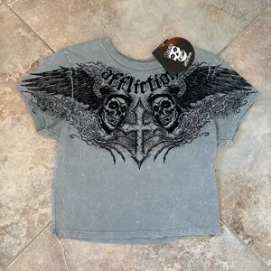 Affliction Misfits Gray Cropped Shirt Women’s XL Cross Skull Angel Grunge Punk